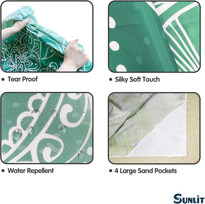 Sunlit Silky Soft 85"x72" Boho Sand Proof Beach Blanket Sand Proof Mat with Corner Pockets and Mesh Bag for Beach Party, Travel, Camping and Outdoor Music Festival, Tiffany Green Mandala