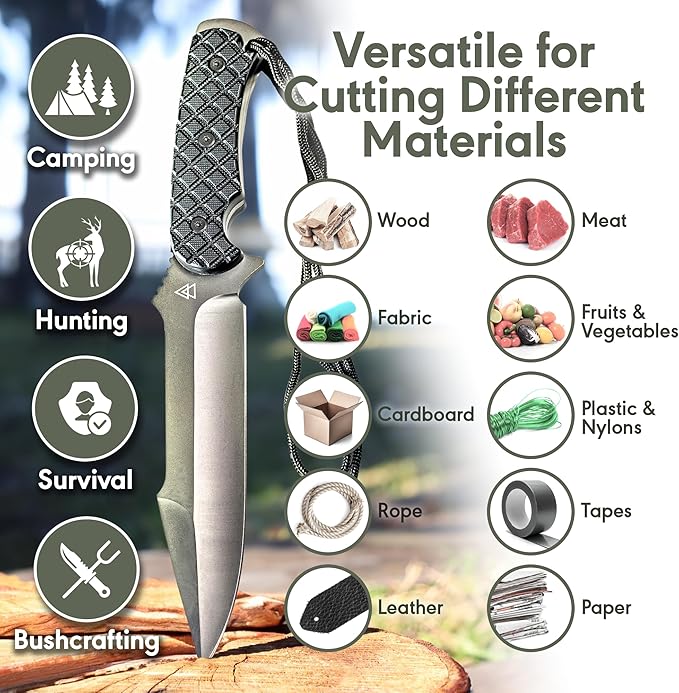 Full Tang Bushcraft Knife, 12" Full Tang Fixed Blade Knife, 440C Stainless Steel Camping Knife with Sheath, Full Tang Survival Knife By Kratos - ZF3