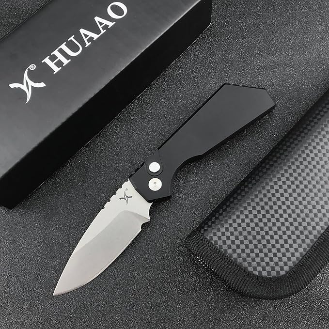 HUAAO Button Lock Folding Pocket Knife, Speed Safe Assisted Opening Knife for Men, D2 Steel Blade with T6 Aluminium Handle, Upgraded Indoor and Outdoor EDC Knife., black