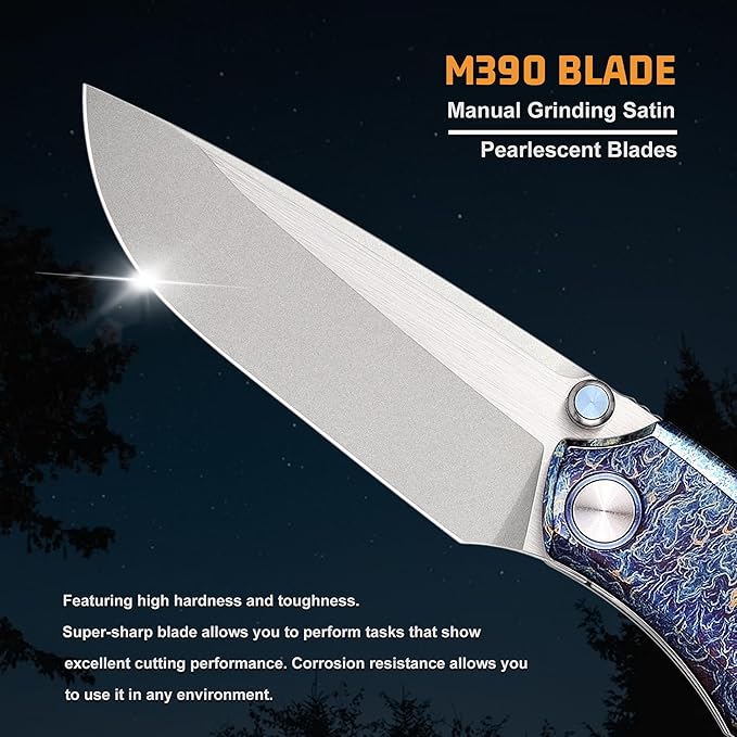 Wild Species Pocket Knife for Men,Manual Grinding Pearlescent Satin M390 Blade Titanium Handle Thumb Stud Opener Front Flipper Folding Knife for Outdoor Camping Hiking