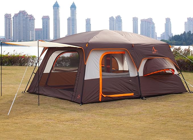 KTT Extra Large Tent 10-12-14 Person(Style-B),Family Cabin Tents,2 Rooms,3 Doors and 3 Windows with Mesh,Straight Wall,Waterproof,Double Layer,Big Tent for Outdoor,Picnic,Camping,Family Gathering