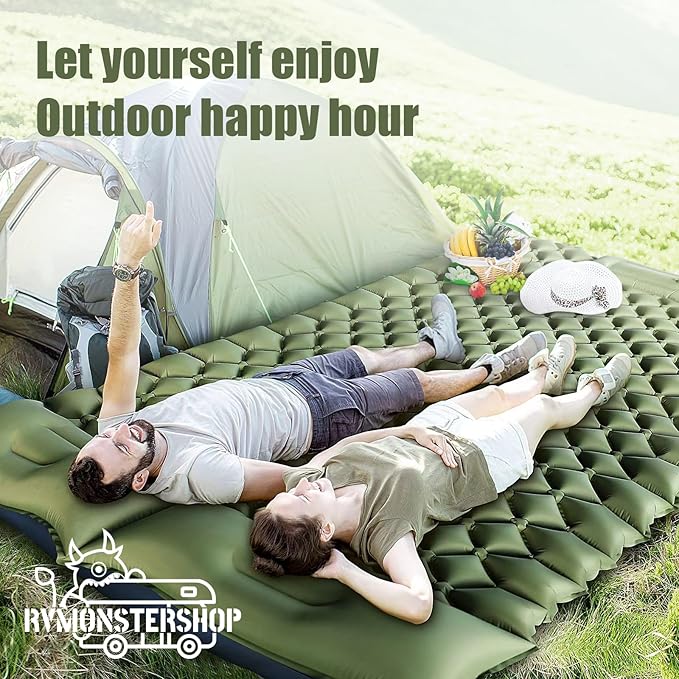 Double Sleeping Pad for Camping, Sleeping Mats for Camping Self Inflating Camping Pad 2 Person with Pillow Built-in Foot Pump Suitable for Backpacking, Portable Camping Mats 79 * 49.2 * 3.5 Inch