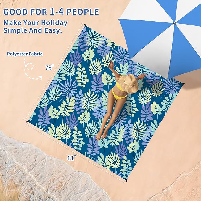 BYDOLL Beach Blanket Sandproof Waterproof Leaves 78''×81''1-4 Adults Compact Lightweight Oversized Beach Blanket Large Picnic Mat Blanket for Travel Camping Hiking Picnic