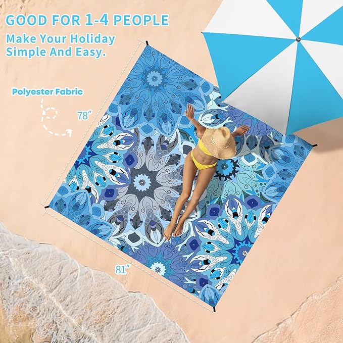 BYDOLL Beach Blanket Sandproof Waterproof 78''×81'' 1-4 Adults Compact Lightweight Oversized Beach Blanket Large Picnic Mat Beach Blanket for Travel Camping Hiking Picnic