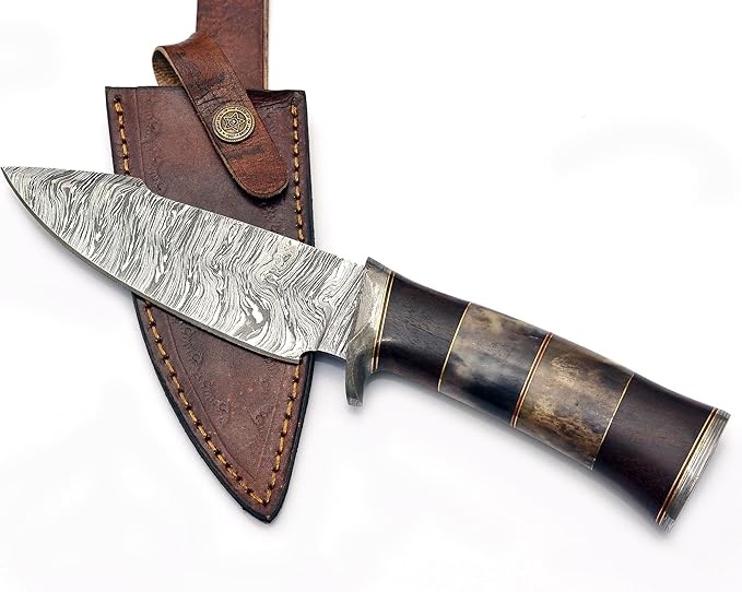 Damascus Steel Hunting Knife Fixed Blade for Camping, Survival- Premium Outdoor Gear for Versatile Use - Razor Sharp Edge with Bone and Rose Wood