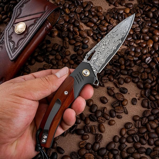 Handmade Forged Damascus Steel Folding pocket Knife, 3.07inch Damascus Steel Blade and 4.05inch Wood Handle,with pocket Clip,Retro Leather Sheath, EDC Pocket Knives for Camping Tactical Outdoor Knife.