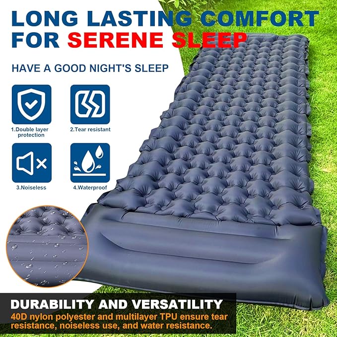 Sleeping Pad for Camping with Built in Pillow Self-Inflating Sleeping Mats with Built-in Foot Pump Ultralight Travel Air Mattress for Camping Backpacking Tent Hiking Blue 1Pcs