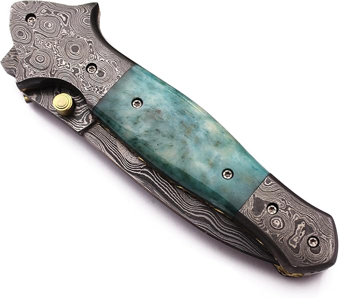 Handmade Damascus Folding Pocket Bowie Knife For EDC,Hunting,Survival,Camping Bushcrafting,Skinning and Fishing With Full Tang Camel Bone Handel and Cowhide-Leather Sheath for Men and Women-DCF24