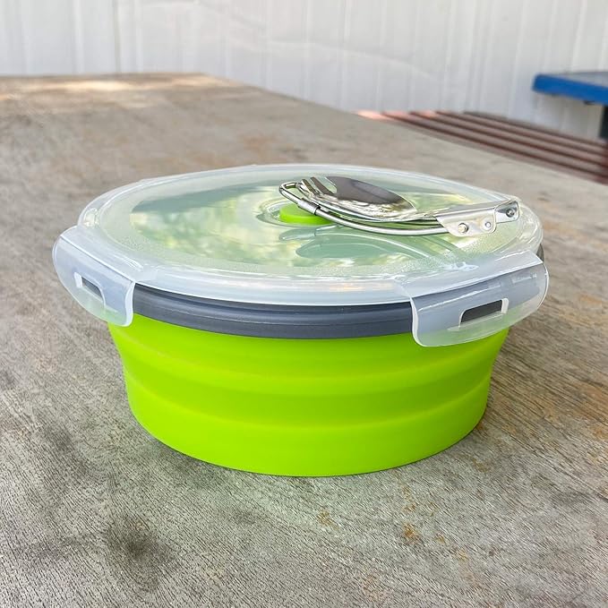 1200ml Collapsible Camping Bowl Silicone Food Storage Container with Lid and Foldable Stainless Steel Fork Spoon, for Picnic, Travel, Camping, RV, Fridge and Microwave Bowls