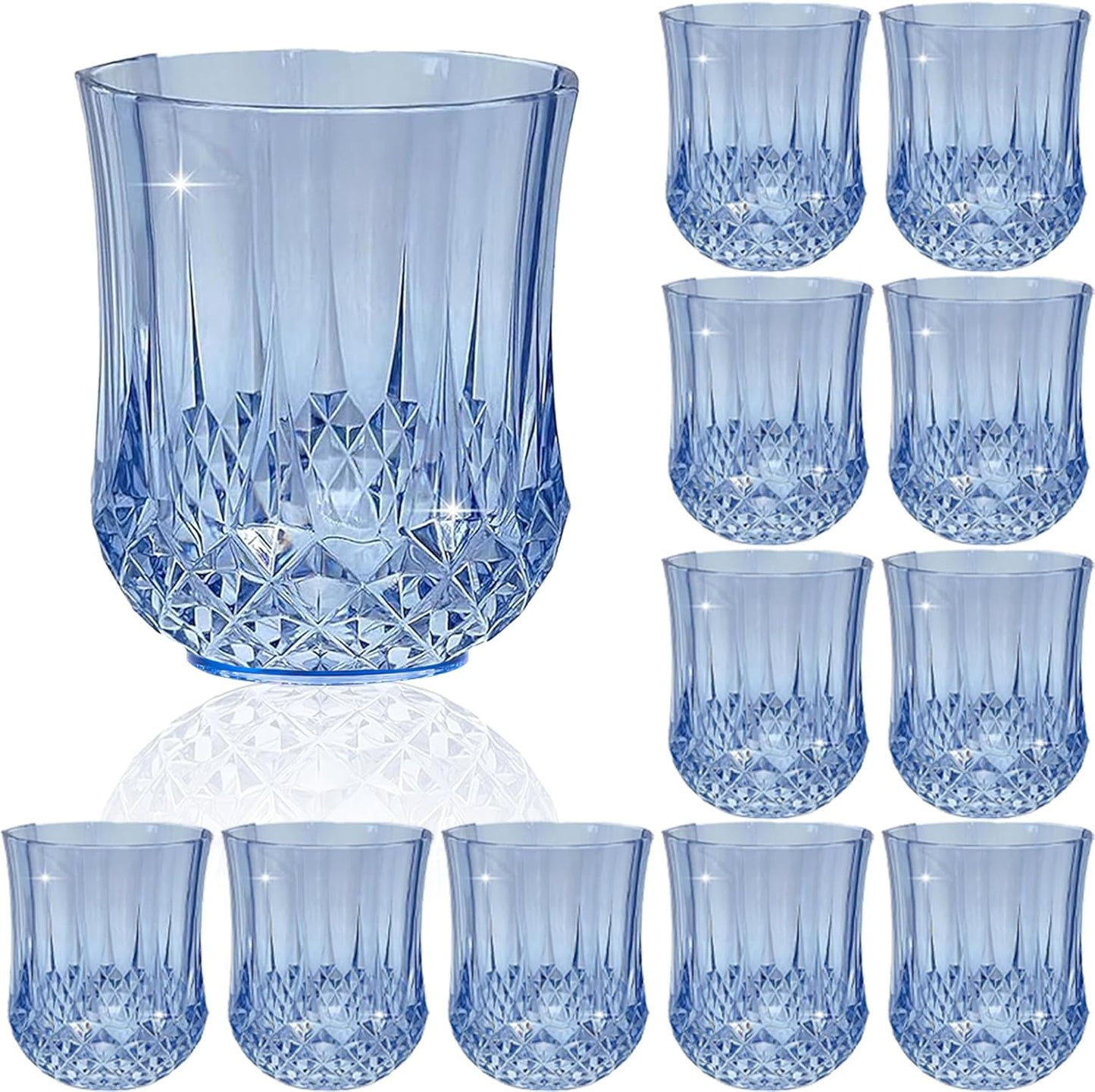 12 PCS Blue Stemless Wine Glasses，Plastic Reusable Cups 9OZ Vintage Drinking Glasses Tumblers for Whisky, Beer, Juice, Beverages, Cocktai