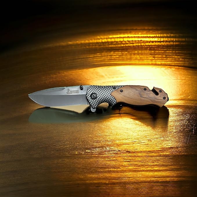 Stainless Steel EDC Folding Wood Handle Pocket Knife Glass Breaker Seatbelt Cutter Olive Wood Handle Carbon Fiber Insert