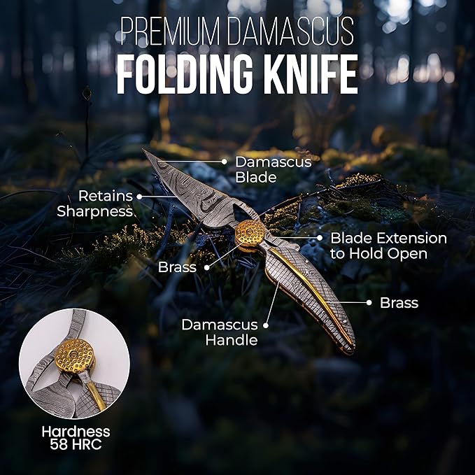 Premium Damascus Steel Pocket Knife - Folding Knife - Survival Knife - Ideal Gifts for Men, 10cm Blade, 12cm Handle, Over 200 Layers, Tactical Survival & Hunting Knife - High Hardness Over 58 HRC