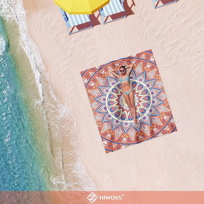 Beach Blanket Waterproof Sandproof Oversized 95”x 80”,Sand Free Beach Mat with Corner Pockets,Portable Mesh Bag for Beach Festival,Picnic,Travel and Outdoor Camping (SunsetOrange Blue)