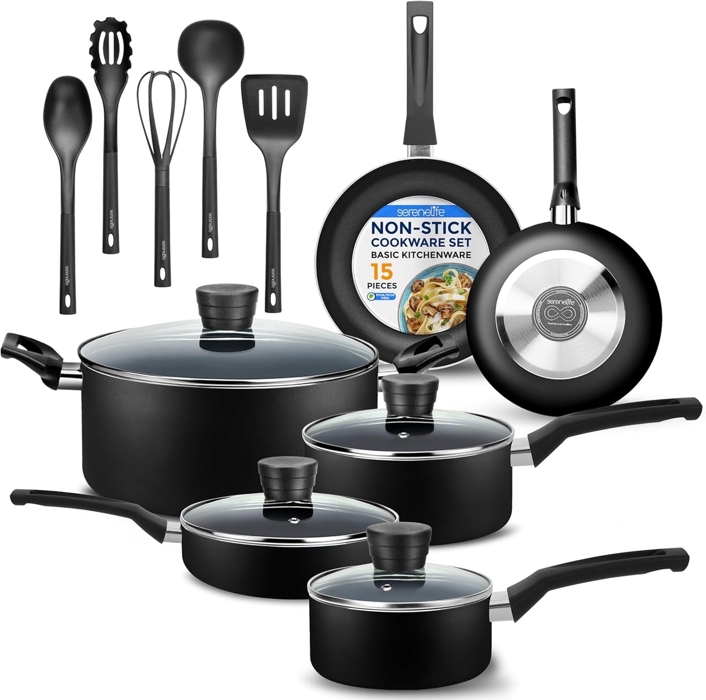 15-Piece Nonstick Kitchen Cookware Set - PTFE/PFOA/PFOS Free Heat Resistant Lacquer Kitchen Ware Pots Pan Set w/Bakelite Handles, Saucepan, Frying Pans, See-through Lid - SereneLife SLCW15BLK (Black)