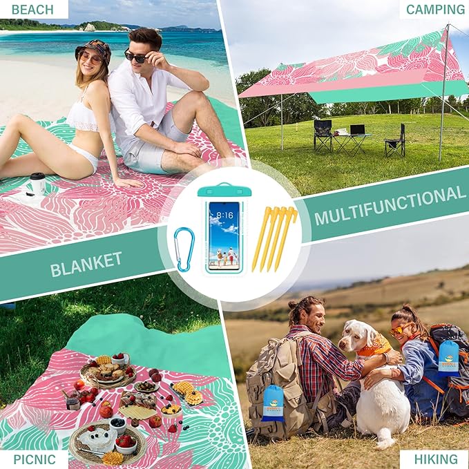 BYDOLL Beach Blanket Sandproof Waterproof 78''×81'' 1-4 Adults Compact Lightweight Oversized Beach Blanket Large Picnic Mat Beach Blanket for Travel Camping Hiking Picnic