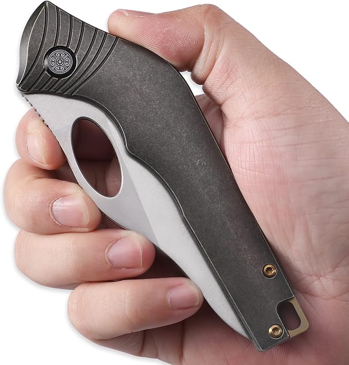 Knife Amuse-C04 Thumb Hole Knife,3.85" M390 Steel Blade Stonewashed,6AL4V Titanium Handle,Frame Lock Folding Knife,Titanium Pocket Clip(Bronze)