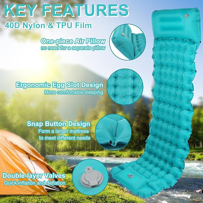 Sleeping Pad for Camping, Ultralight Inflatable Sleeping Mat with Pillow, Built-in Foot Pump, Self Inflating 4" Extra-Thick Camping Air Mattress, Compact Camping Pads for Sleeping, Backpacking