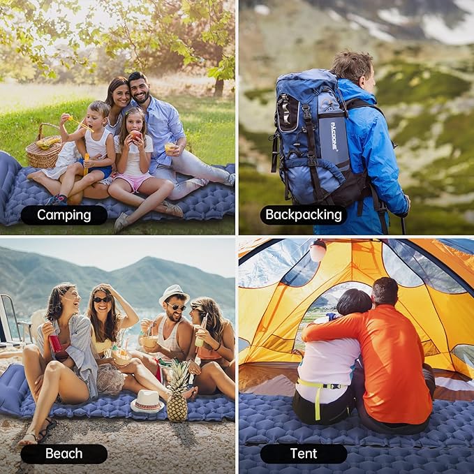 Camping Sleeping Pad, Ultra Light Camping Pad with Pillow Built-in Foot Pump Inflatable Sleeping Pad Compact and Lightweight Air Mat (Blue)