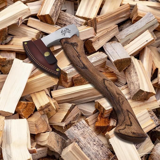 Camping Hatchet, Hatchet Axe with Leather Sheath, 15'' Bushcraft Axe with 1065 Forged Carbon Steel and Beech Handle