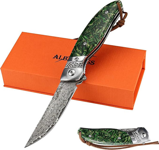 ALBATROSS HGDK028 EDC Sharp Mordern Damascus Folding Pocket Knife with Green paddy Synthetic Material Handle,Ball Bearing Assisted Opening Knives with Liner Lock Tail rope，Gifts/Collections