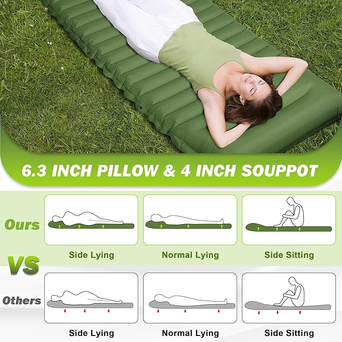 OUTSKIRT Inflatable Sleeping Pad with Built-in Foot Pump, Extra Thickness, Lightweight & Ultra-Comfort Sleeping Mat with Pillow for Camping, Hiking, Backpacking, Traveling, Tent, Green