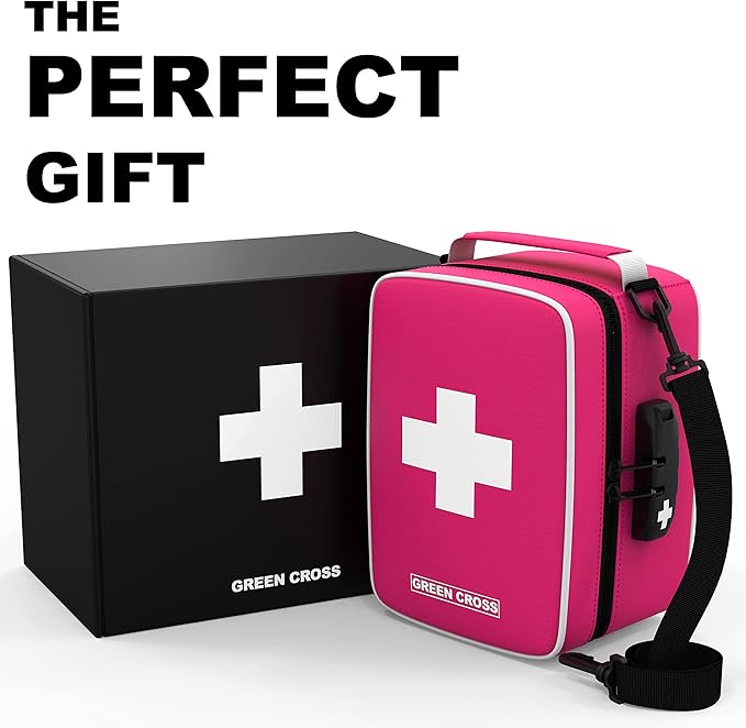 GREEN CROSS Medicine Bag with Combination Lock 8.5" x 5.5" x 4.5"(Pink Nylon)