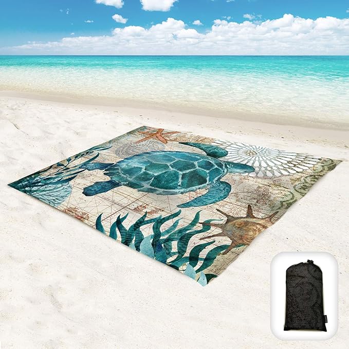 Beach Blanket Waterproof Sandproof Oversized 95”x 80”,Sand Free Beach Mat with Corner Pockets,Portable Mesh Bag for Beach Festival,Picnic,Travel and Outdoor Camping (Seaturtle)