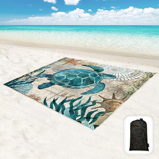 Beach Blanket Waterproof Sandproof Oversized 95”x 80”,Sand Free Beach Mat with Corner Pockets,Portable Mesh Bag for Beach Festival,Picnic,Travel and Outdoor Camping (Seaturtle)