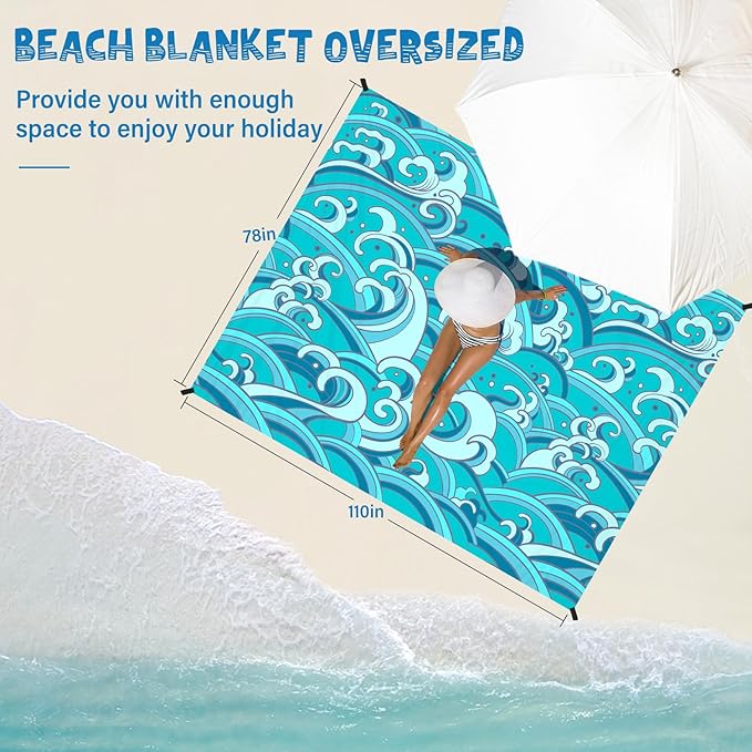 Beach Blanket Waterproof Sandproof 1-7 Adult Oversized 78 '' × 110 '' Lightweight Durable Compact Sand Free Beach Mat for Travel Camping Hiking Picnic Blanket Extra Large