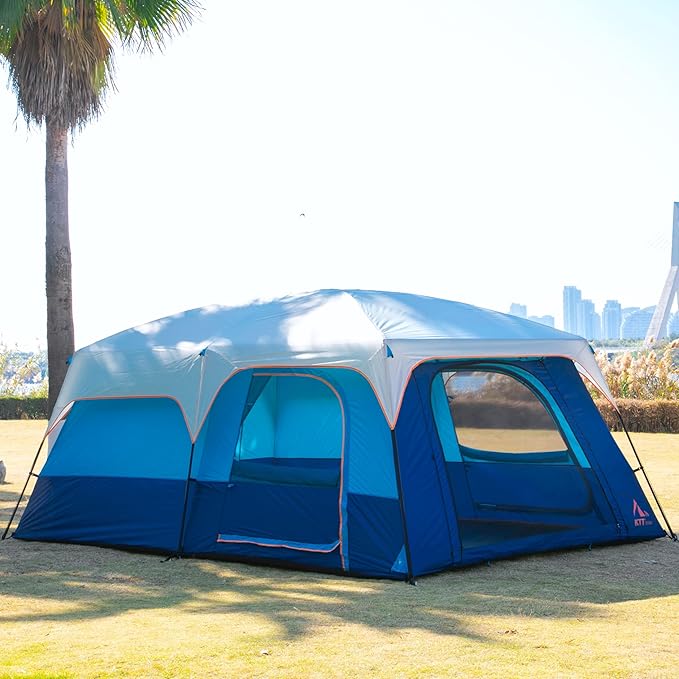 KTT Extra Large Tent 10-12-14 Person(Style-B),Family Cabin Tents,2 Rooms,3 Doors and 3 Windows with Mesh,Straight Wall,Waterproof,Double Layer,Big Tent for Outdoor,Picnic,Camping,Family Gathering