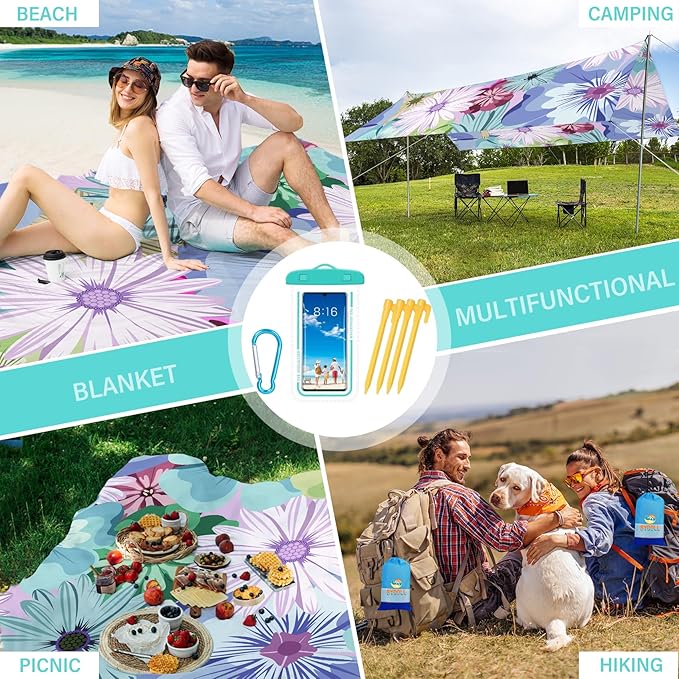 BYDOLL Beach Blanket Sandproof Waterproof 78''×81'' 1-4 Adults Compact Lightweight Oversized Beach Blanket Large Picnic Mat Beach Blanket for Travel Camping Hiking Picnic