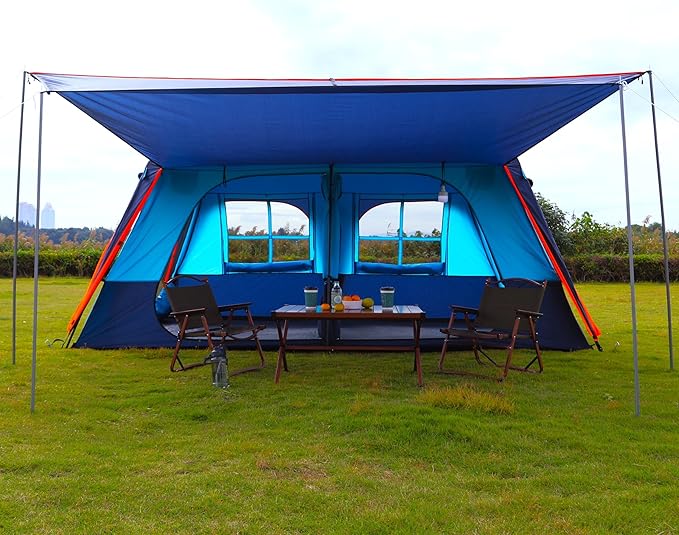 KTT Extra Large Tent 10-12-14 Person(B),Family Cabin Tents,2 Rooms,3 Doors and 3 Windows with Mesh,Straight Wall,Waterproof,Double Layer,Big Tent for Outdoor,Picnic,Camping,Family Gathering