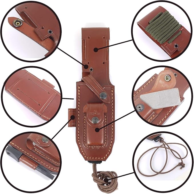 JEO-TEC Nº1 Full Tang Bushcraft Knife with Leather Sheath for Survival Hunting Camping Outdoor Activities - BOHLER N690C Stainless Steel, 4.53" Fixed Blade - Handmade