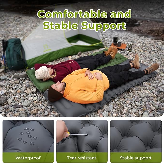 ATEPA Sleeping Pad for Camping Backpacking, Ultralight Inflatable Camping Air Mattress with Built-in Foot Pump & Pillow, 77"X27"Waterproof & Compact Sleeping Mat Hiking Trekking Inflatable Pad Grey