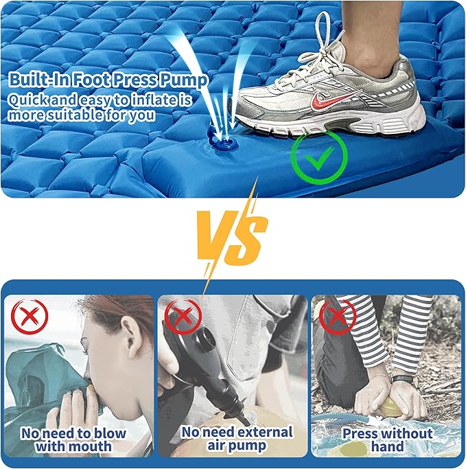 Double Sleeping Pad for Camping, 2 Person Ultralight Inflatable Sleeping Mat with Pillow and Built-in Foot Pump, Portable Camping Mattress for Tent, Backpacking, Hiking, Traveling-Upgrade Blue