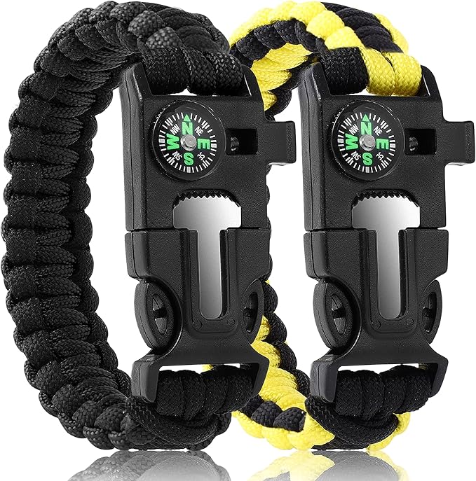 Bracelets,Survival Bracelets for Men Paracord Tactical 5-in-1 Camping Gear Kits,with 12-ft Detachable Parachute Rope,Fire Starter,Embedded Compass,Whistle&Emergency Multitools