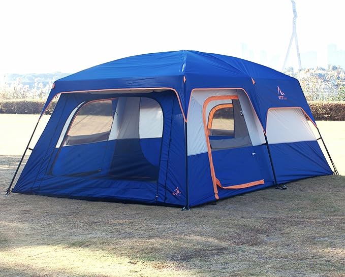 KTT Extra Large Tent 10-12-14 Person(Style-B),Family Cabin Tents,2 Rooms,3 Doors and 3 Windows with Mesh,Straight Wall,Waterproof,Double Layer,Big Tent for Outdoor,Picnic,Camping,Family Gathering