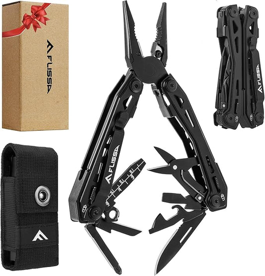FLISSA 16-in-1 Stainless Steel Multi Tool, EDC Multitool with Pocket Knife, Pliers, Belt Clip and Oxford Sheath, Self-locking Utility Multi-Tool for Camping Survival Outdoor Activities