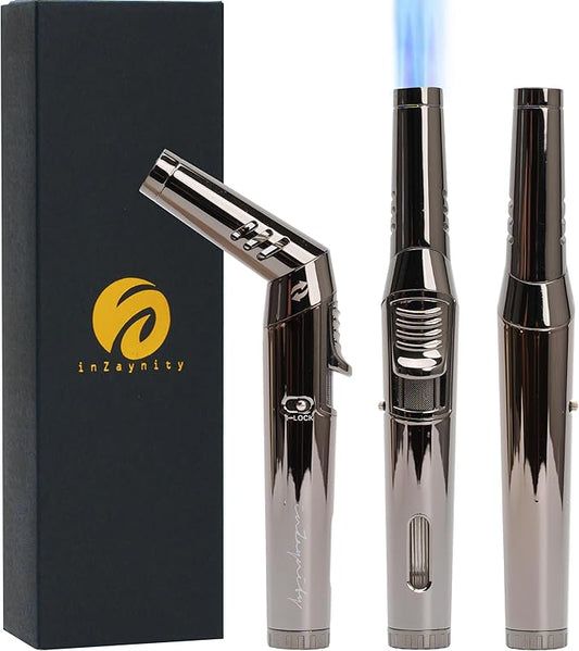 Pen Torch Lighter - Refillable Single Flame Butane Torch Lighter for Candle, & Cooking w/Adjustable Flame & Ignition Lock - Luxurious Handheld Camping Lighter & Gift Box by inZaynity - Black & Steel