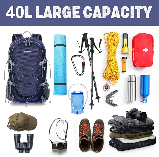 40L Lightweight Hiking Backpack Travel Packable Daypack for Women and Men, Navy Blue