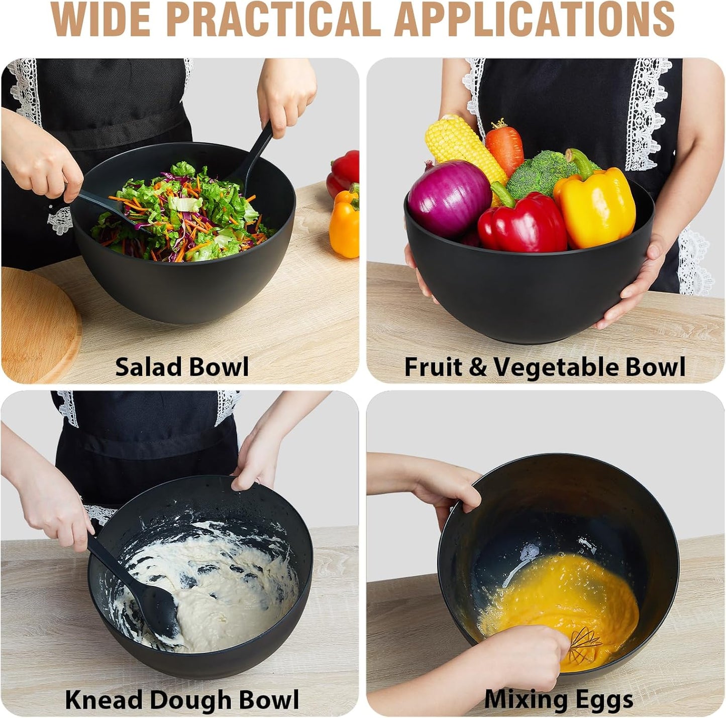 11.3" Extra Large Salad Bowl with Wooden Lid & Servers, 208Oz, Oversized Bamboo Fiber Salad Serving Set with Utensils for Home/Kitchen, Big Lightweight Bowl for Mixing Salad,Fruit,Pasta - Matte Black