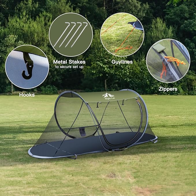 Night Cat Pop-up Mosquito Tent: 1 Person Camping Tent with Bug Screen Net Adults Kids Fits with Camping Cot (Exclueded)