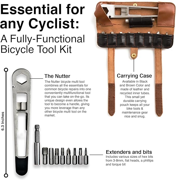 THE NUTTER All in One Bike Tool - Portable Bike Repair Kit with Cycling Multitool and Brown Leather Pouch - Specialized Bike Accessories, Bike Tools - Emergency Biking Gear for All Types of Bicycles