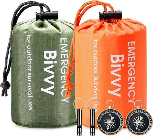 Esky Emergency Sleeping Bag, 2 Pack Portable Thermal Bivy Sack, Waterproof Lightweight Emergency Blanket Survival Gear with Compass and Whistle for Camping Hiking Outdoor Adventure