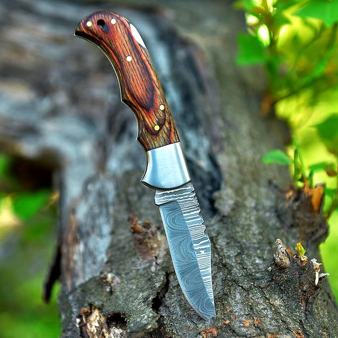 Handmade Damascus Pocket Knife for Men - 6.5 Inches Damascus Folding Knife with Sheath - Pocket Knives and Folding Knives with Back Lock - Best for EDC, Camping, Fishing and Hiking, Brown, HA786
