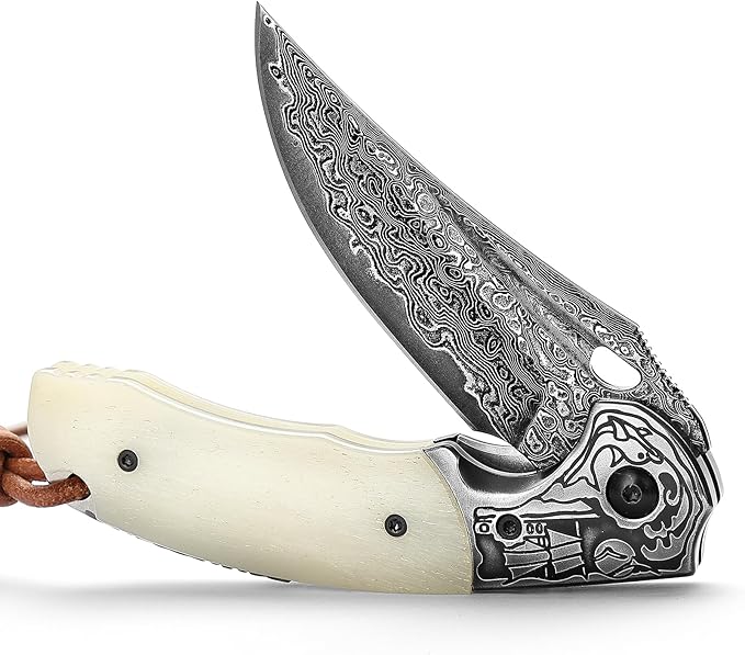 Pocket EDC Knife for Men, Folding Knife with Clip， 3.15" Damascus Steel Blade，OX Bone Handle, Leather Sheath for Camping Hiking knife，Puppis-02W