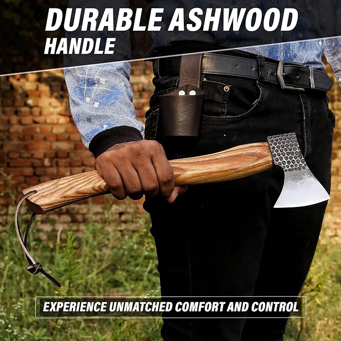 HotSteel Carving Axe Hand Forged Camping Axe with Sheath - Bushcraft Hatchet Camping Small Axe with Wood Handle - Bearded Wooden Axe Survival Hatchet Axe for Chopping Wood and Gardening