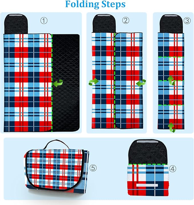 Portable Waterproof Picnic Blanket,Picnic Blankets Extra Large Outdoor 80"x80", Machine Washable, Extra Large Picnic Mat for Grass Concert, Park, Lawn,Travel,Blue Red White Gingham