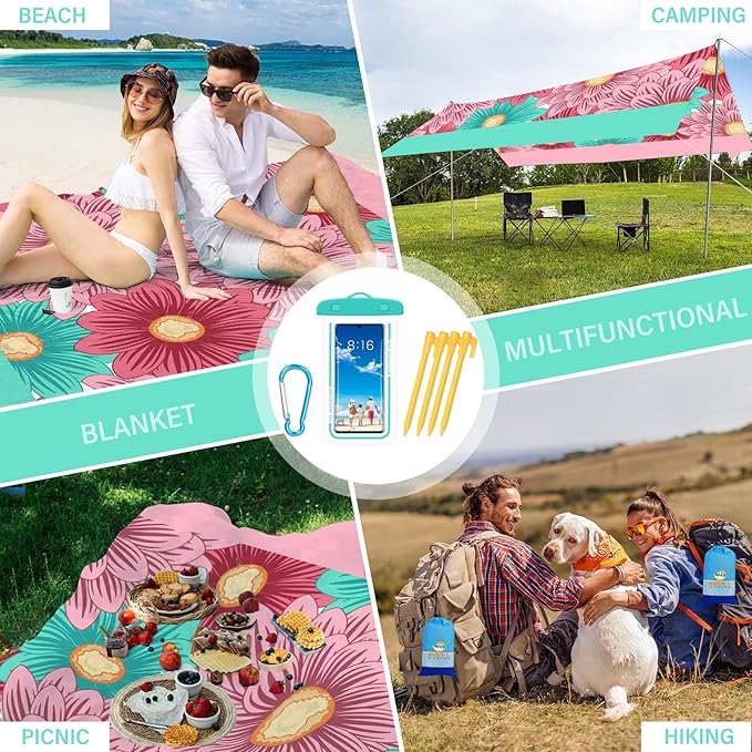 BYDOLL Beach Blanket Sandproof Waterproof 78''×81'' 1-4 Adults Floral Compact Lightweight Oversized Beach Blanket Large Picnic Mat Beach Blanket for Travel Camping Hiking Picnic