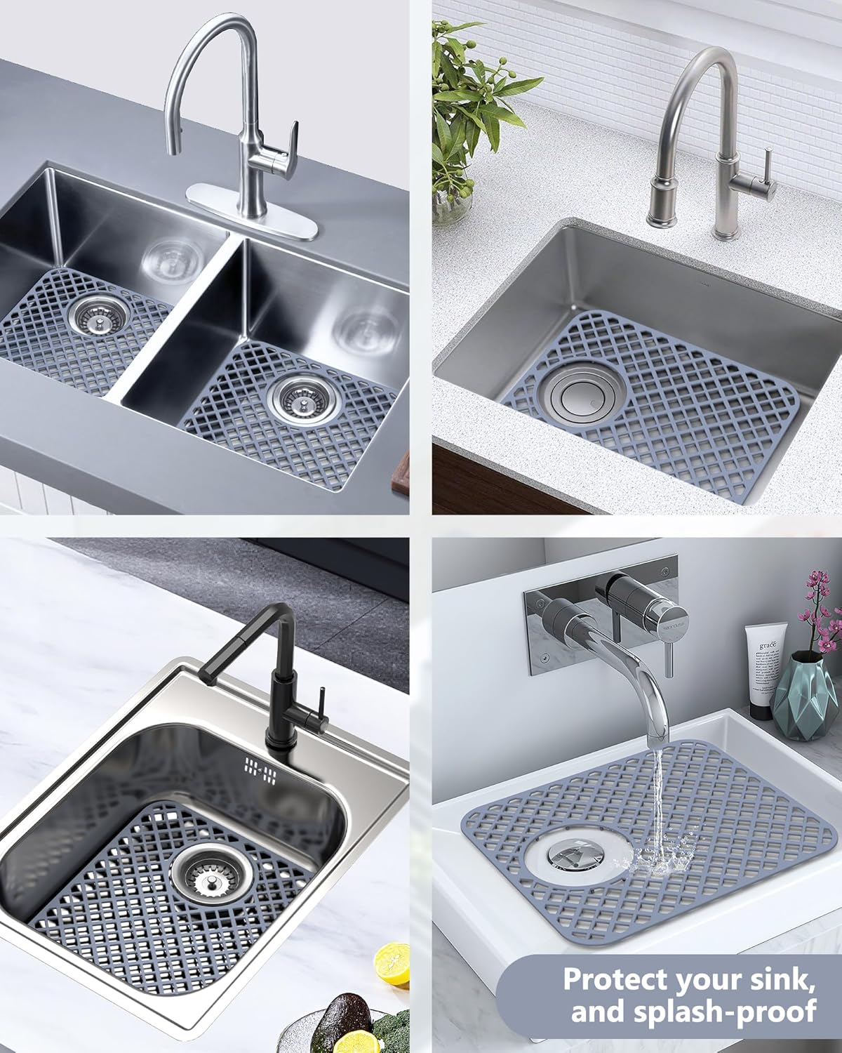 2 Pack Silicone Sink Protectors for Kitchen Sink, Lozenge Pattern 13 x 11 Inches Sink Mat, Non-Slip and Durable Sink Protector Silicone, Rear Drain, Gray